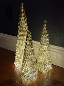 Set of three mercury glass Christmas tree trees with lights