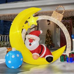 New 5FT Christmas Inflatable Somnolent Santa Claus on The Moon Decoration, LED Blow Up Lighted Decor Indoor Outdoor Holiday Art Decor Decorations