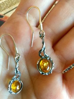Sterling Silver with Amber gemstone hook earrings / New Jewelry beautiful golden color Amber *