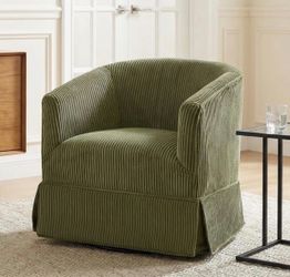 360° Swivel Accent Chair – Green Corduroy Barrel Chair, Skirted Base