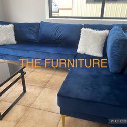 GLAM VELVET BLUE SECTIONAL WITH GOLDEN LEGS AND ACCENT PILLOWS 