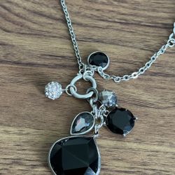 Women’s Long Silver-Tone Necklace with Black Crystal Charms 