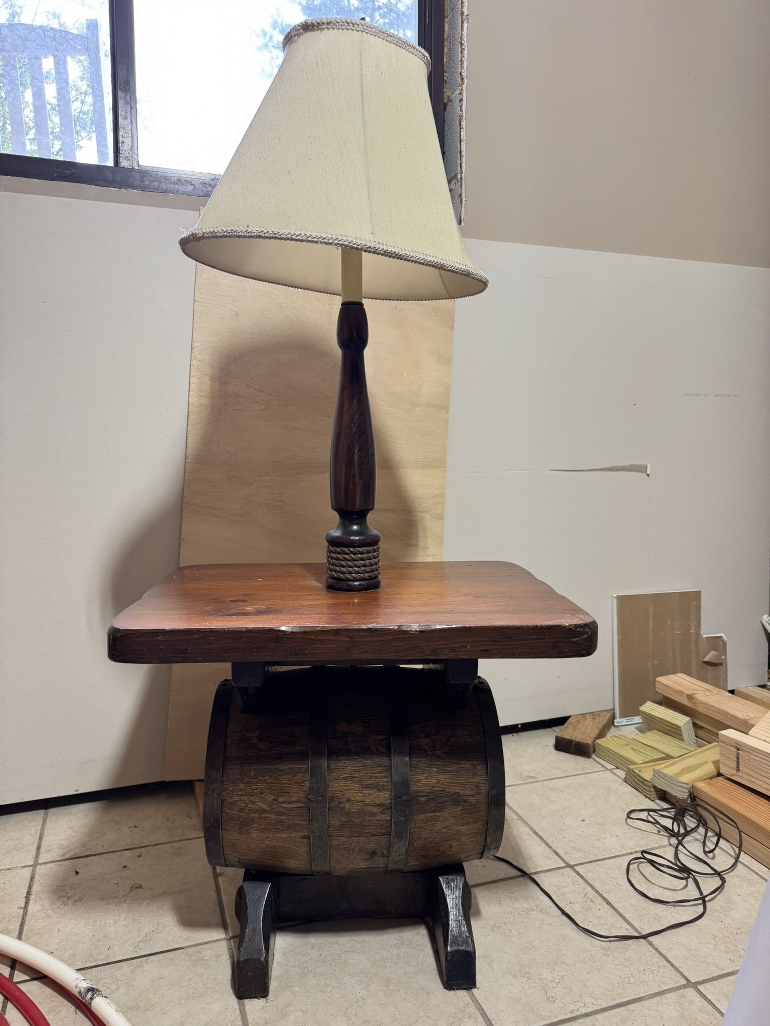 Custom Wine Barrel Table With Lamp Post