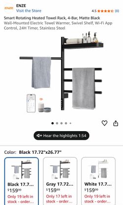 ENZE Smart Rotating Heated Towel Rack, 4-Bar Matte Black - BRAND NEW SEALED!