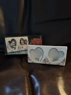 New Vintage Double Hearts Floral Photo Frame With Gold Edging Porcelain 