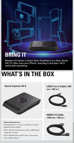 Elgato 4K S Capture Card for PS5, Xbox Series X/S, Switch 2 4K60 capture, 1440p120 or 1080p240 passthrough, HDR10 support, Near-zero latency, USB-C, A