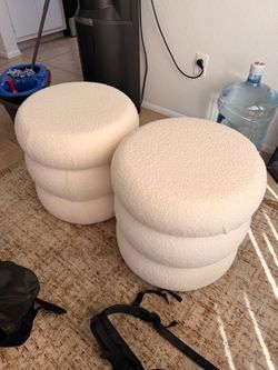 Set of 2 Round Boucle Ottomans
