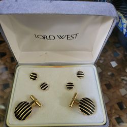 Lord West Men's Cufflinks & Tie Tacks Black & Gold Round Design 