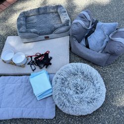 Puppy Starter Kit - 3 Beds, Leashes, Harnesses, Bowls, Buckle In Car seat 