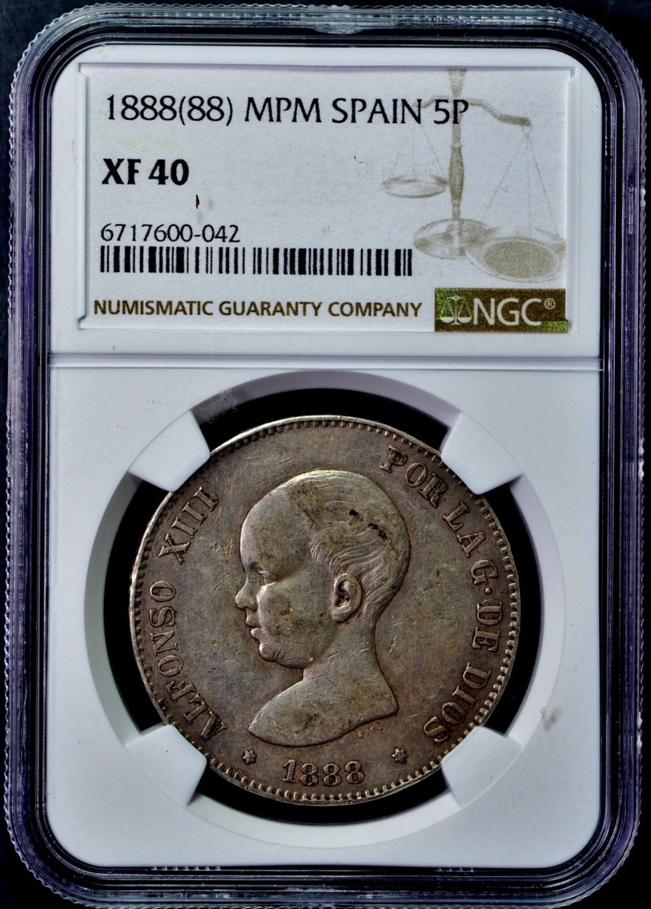 1888(88) MPM SPAIN 5P XF40 NGC SPAIN 5 PESETAS