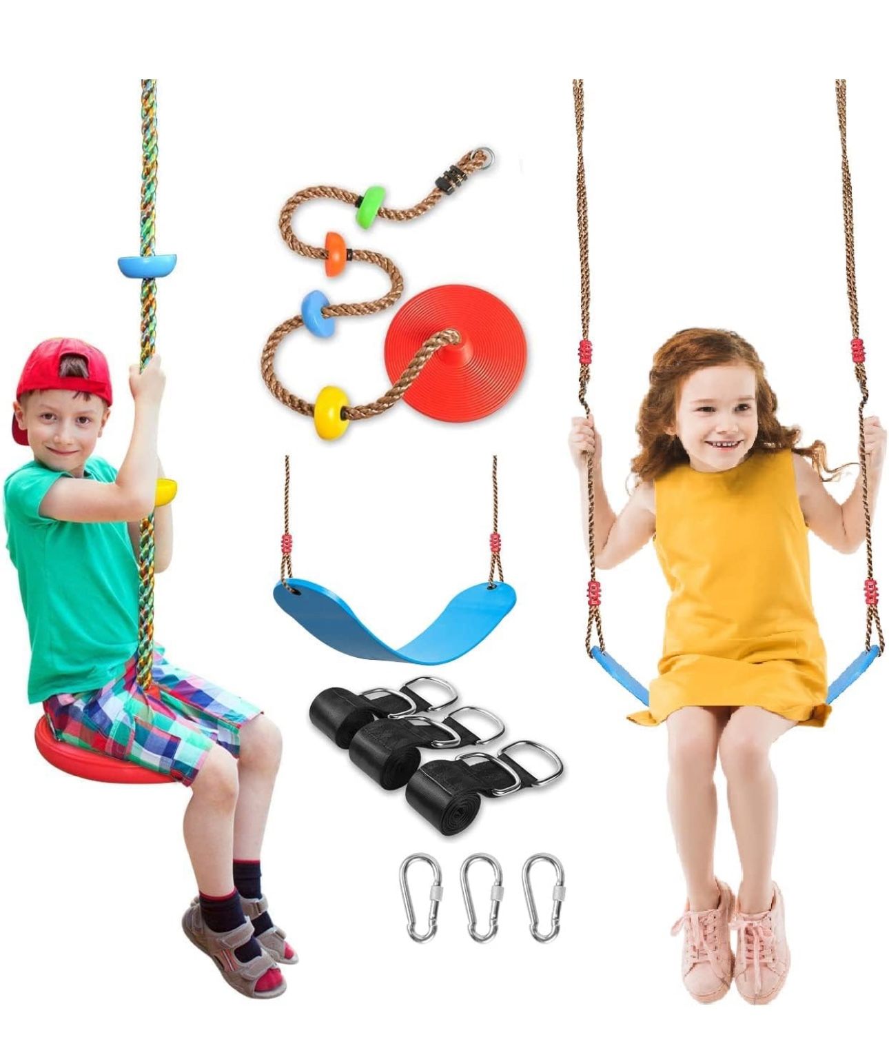 New in box Swing Set 2 Pack Swings Seats Tree Climbing Rope Swing Multicolor with Platforms, Outdoor Toys for Kids Ages 3+, Outside Playground Backyar