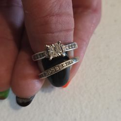 1 Carat Princess Cut Engagement Ring & Band, Size 7