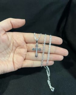 925 Sterling Silver Girl Women Boy Small Plain Cross & Valentino Chain