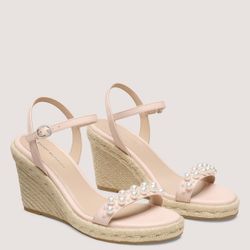Stuart Weitzman Goldie Espadrille Wedge in Rosewater Pink Leather with Pearls Sz 7