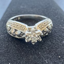 Sterling Silver Diamond Flower And Heart Ring 
