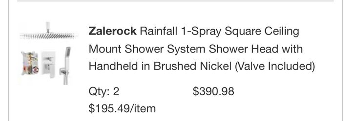 Zalerock Rainfall 1-Spray Square Ceiling Mount Shower System Shower Head with Handheld in Brushed Nickel Valve Included)