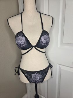 Black Skull Rose Floral Print Triangle Bikini Set Gothic Halter Side Tie Swim L