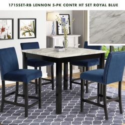 42x42 COUNTER HEIGHT DINING TABKE WITH NAVY VELVET CHAIRS