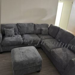 BRAND NEW DARK GRAY CORDUROY SECTIONAL WITH OTTOMAN