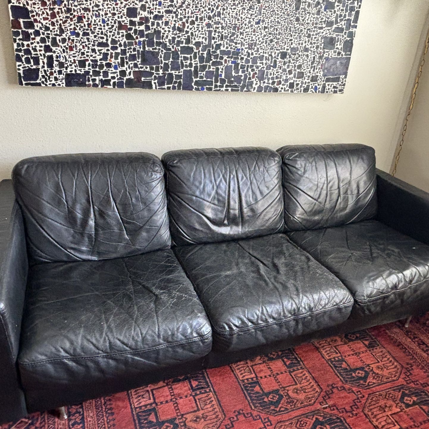 1970s Style Black Leather Sofa