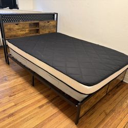 Full Size Brown Bed Frame with Mattress Headboard LED Lights 