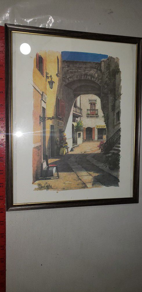 Vintage Signed Print by Mario Cuppa, Mediterranean Street - Large & Framed