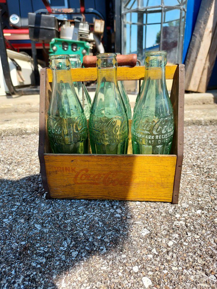Antique Coke Wooden 6 Pack Carryer W Old Bottles