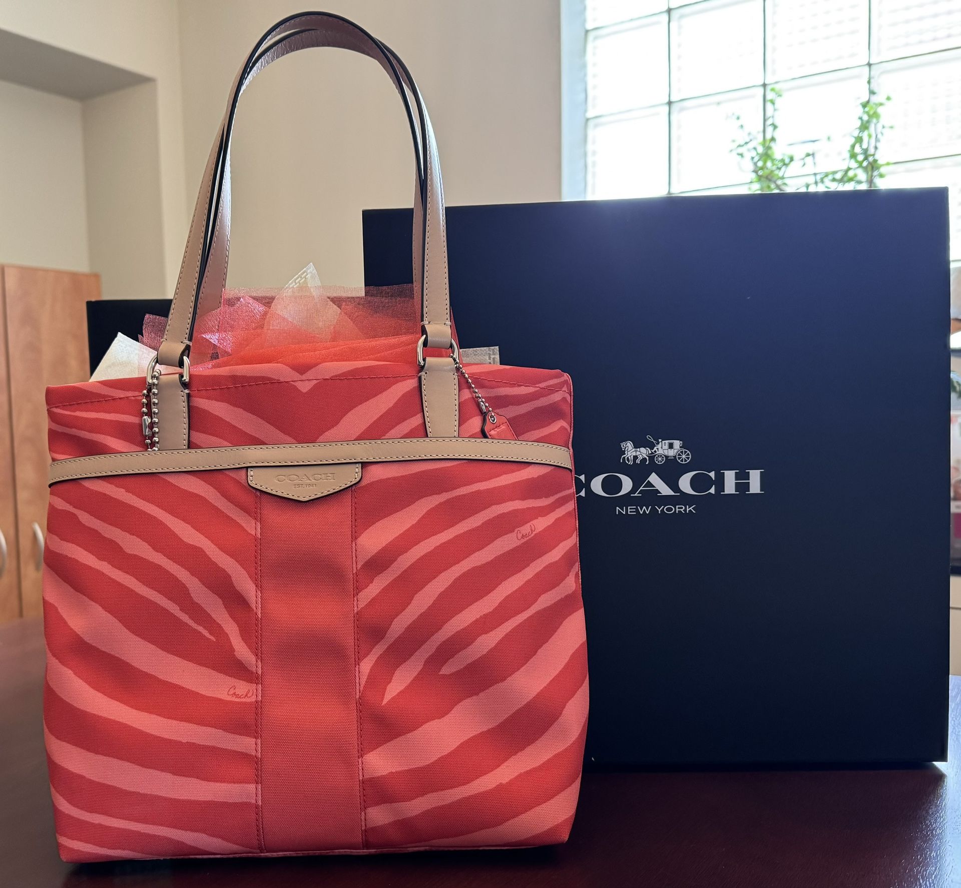 ✨ New Coach Shoulder Bag: Coral Zebra Print, Leather Trim, Never Used! ✨