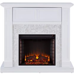 White Electric Fireplace With Hidden Media Shelf And Mother Of Pearl Tiles