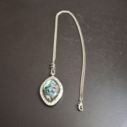 Stunning Abalone & Mother Of Pearl Diamond Shaped Pendant On 30" Silver Woven Chain With Lobster Closure