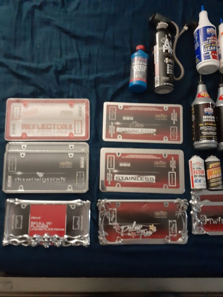 Lucas oils and Blue devil, chrome gas cover doors Chrome and decals Chrome decals air fresheners license plate frames motorcycle plate frames