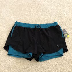Danskin Black & Teal Athletic Shorts - Womens L, NWT, Waist 17”, crotch knot to bottom 4.5”, outer length 12.5”