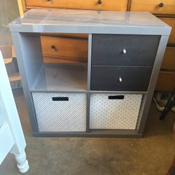 Modern Cube Storage Organizer w/ Drawers & Bins – Gray Wood Shelf Unit