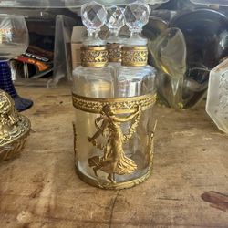 FRENCH GILT BRONZE & CLEAR CUT GLASS SET OF THREE PERFUME BOTTLES CIRCA 1900