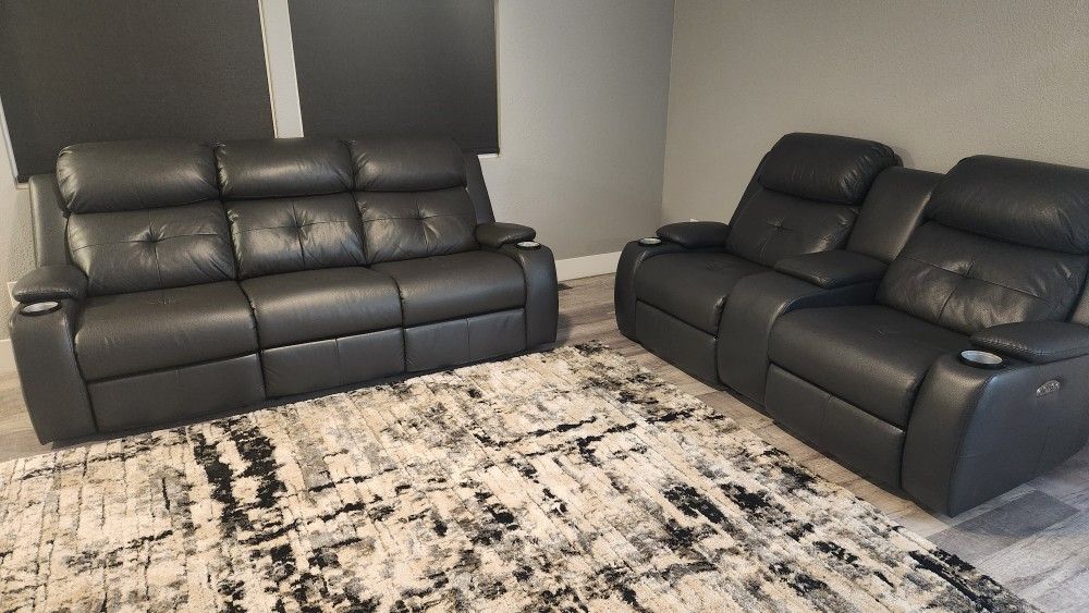 Dark Charcoal Leather Couch Set