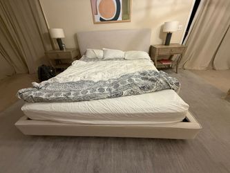 Modern Upholstered CA King Platform Bed Frame & Headboard – Cream/Beige