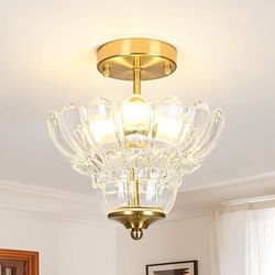 Vintage Gold Semi Flush Mount Light with Floral Class Shade, Close-to-Ceiling Fixture