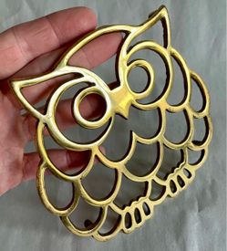 Vintage MCM Footed Brass Owl Trivet/Wall Decor Hanging