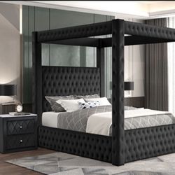 Brand New Glam Velvet Tufted Canopy Bed Im Queen Size  Black Velvet 