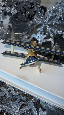 Patriotic Stars & Stripes Gold Tone Hanging Metal Airplane Christmas Ornament