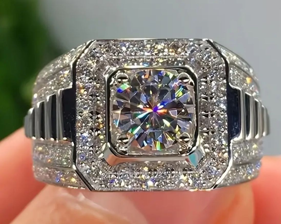 3.2 CT Luxurious Men’s Square Princess Cut Silvery Sparking Rhinestones Ring Sizes 8,9, 10 .