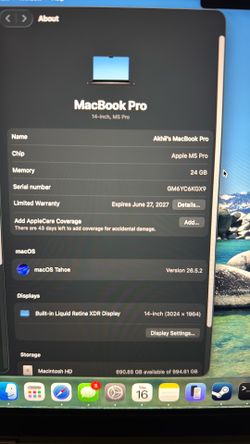 MacBook M5 Pro 15 core cpu, 16 core gpu
