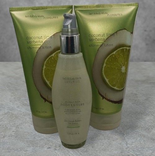 Coconu Lime Verbena 2- 6.4 oz. Shimmer Lotion and 1- 2.5 fl.oz. Purely Silk Body Lustre by Bath and Body Works Lustre is 95% full and lotions are 98% 