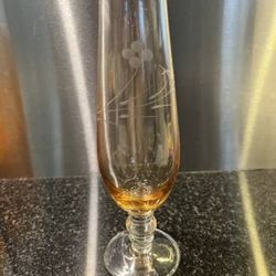 Vintage Peachy Amber Etched Flowers Crystal Bud Vase