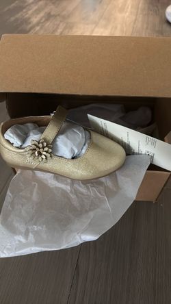 Girls Gold Mary Jane Flats with Flower Detail