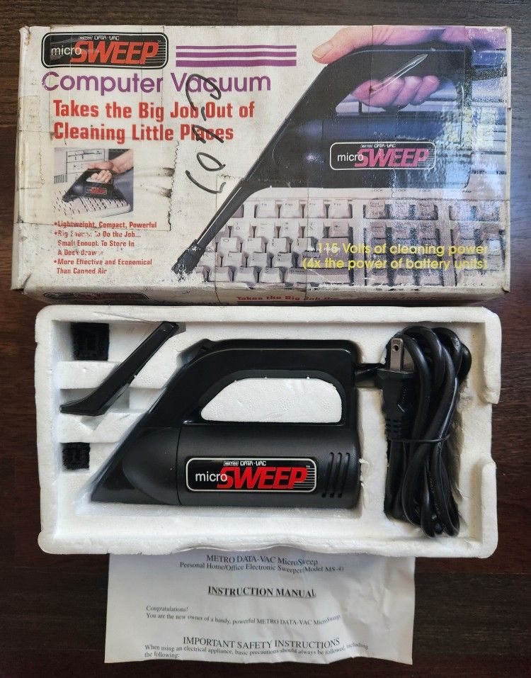 Vintage 1996 metro data-vac Micro Sweep Computer Vacuum with 3 Micro cleaning tools, instructions, original factory box and packaging. 115 Volts.