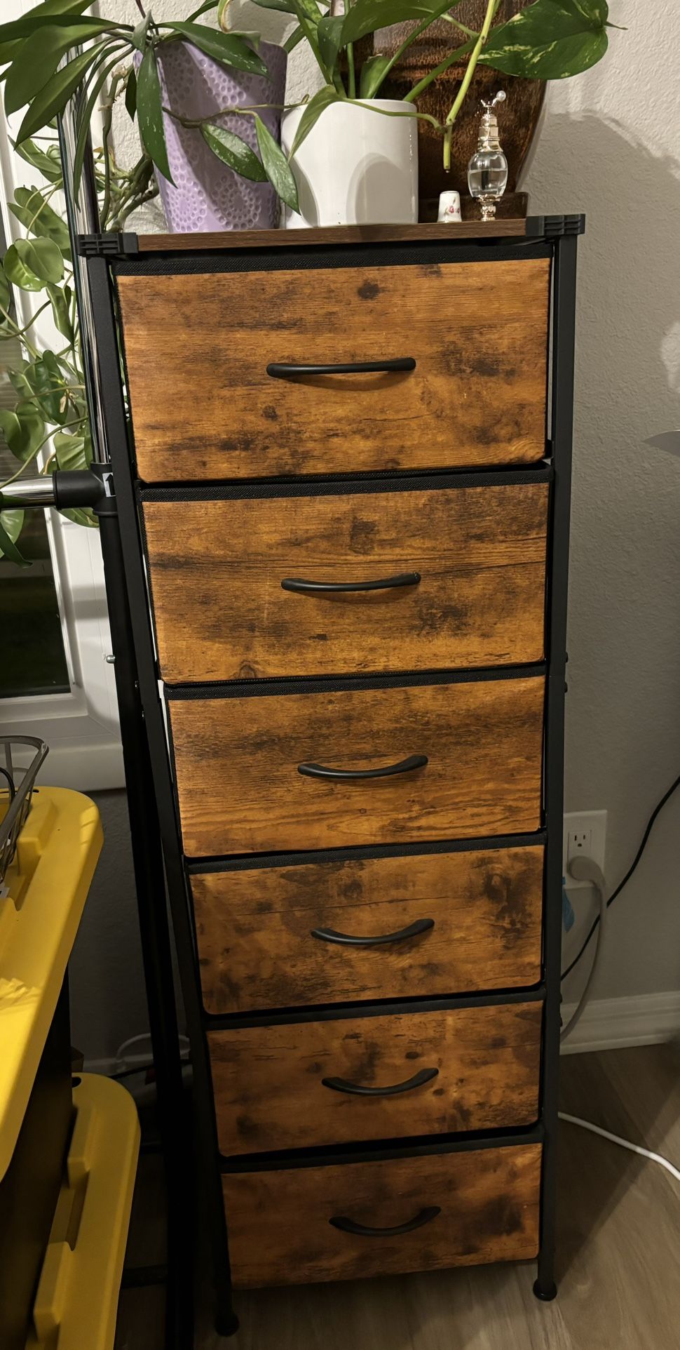 “Vintage” Style Wood Grain Dresser with enforced fabric drawers AND 2 Matching Night Stands/end Tables 