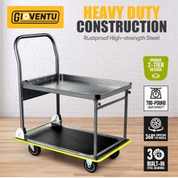 Heavy Duty Push Cart Dolly (700 lbs), Foldable Platform Hand Truck Made with High-Strength Steel, 2 Tier Design, Moving Flatbed Cart with Wheels for W