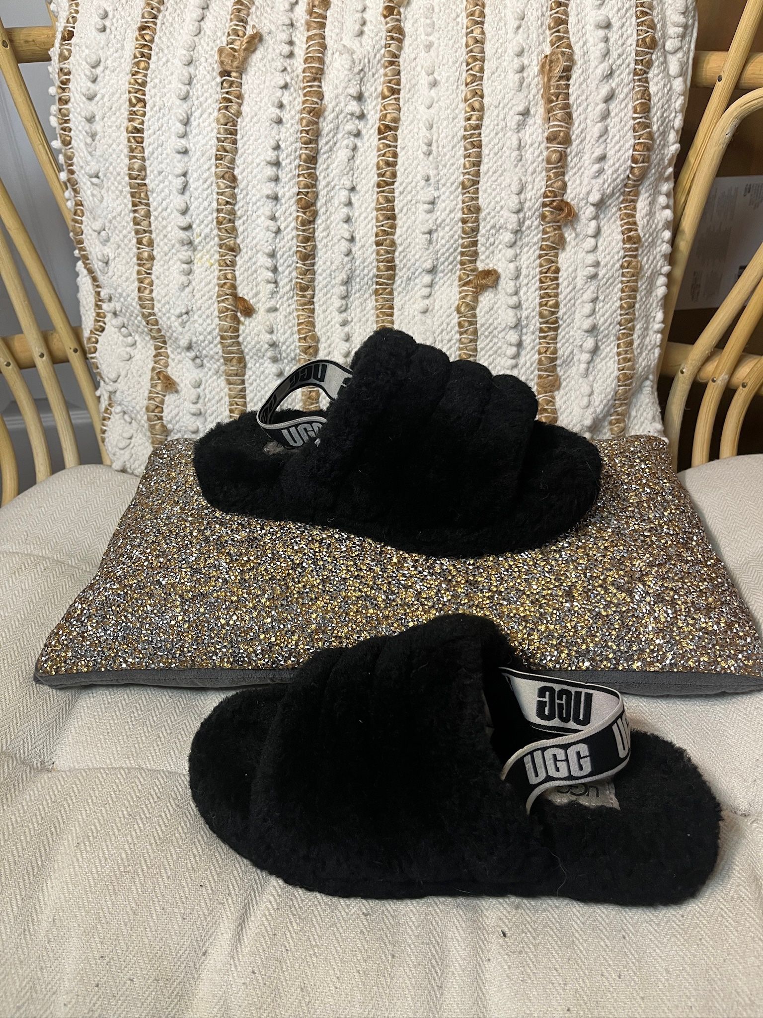UGG Fuzzy Black Slip On Sandals Size 3