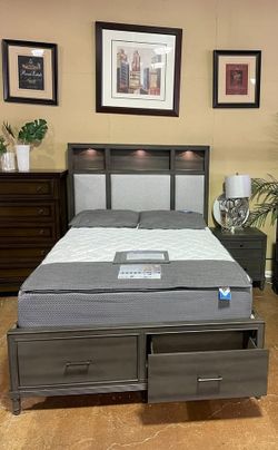 Queen Platform Storage Bed Frame with USB charging ports and LED lighting
